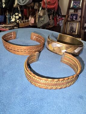 Handcrafted 3 Copper and Brass Cuff Bracelet Set - Rustic Metal Bangles